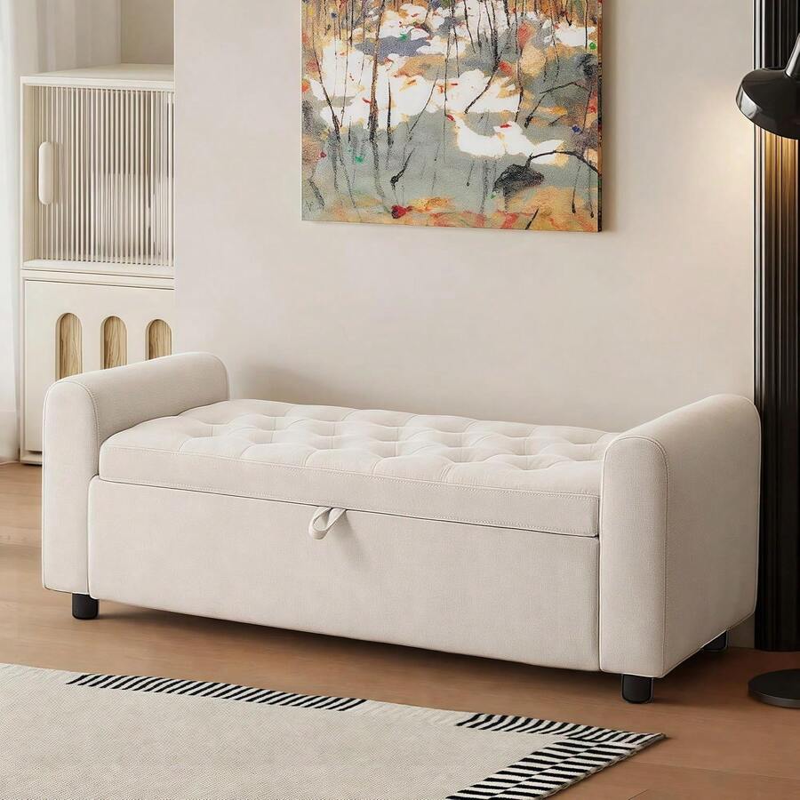 48" Ottoman With Storage, Tufted Storage Ottoman Bench, Convenient Living Room Fabrics Bench Seat, Entryway Shoe Benches With Inner Zipper & Arm, Rivetless Upholstered Window Seat Ottomans, Beige - Màu be - Xem 1