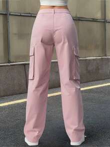 Casual Solid Color Simple Straight Leg Cargo Pants Pink Spring - Pink - View 5