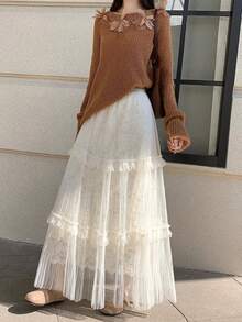 2026 Spring Women's High Waist Slimming Lace Embroidered Pleated Mesh Patchwork A-Line Skirt - Apricot - View 4