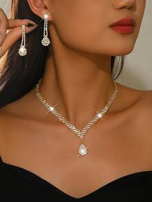 3pcs/Set Silver Metal Rhinestone Necklace, Earrings And Bracelet Jewelry Set, Bridal Wedding Accessories - 1769 Gold Earrings and Necklace Set - View 6