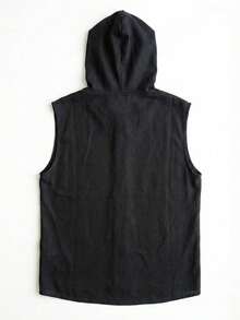 Men's Linen Casual Hooded Vest And Drawstring Shorts 2 Pieces Set, Summer - Black - View 4