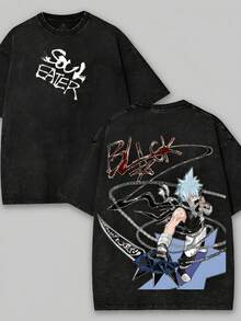 Soul Eater - Black Star Anime Washed T-Shirt, Double-Sided Cotton, Unisex Design, Japanese Manga Merchandise, Men's T-Shirt, Retro Black, Retro Streetwear - 黑色 - 查看 1