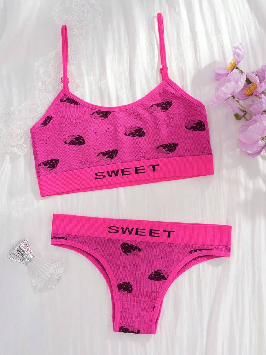 1 Set Seamless Comfortable Breathable Strawberry Pattern Bralette & Panty Set, Sexy Backless Nightclub Style, Party Outfit - Pink - View 1