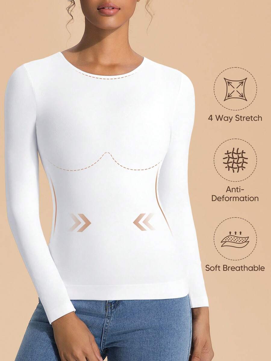 Women's Seamless Sports Long Sleeve Underwear Top For Women Crewneck Shirts Summer Air Conditioning Bottom Lightweight Base Layer Shirt - 白色 - 查看 1