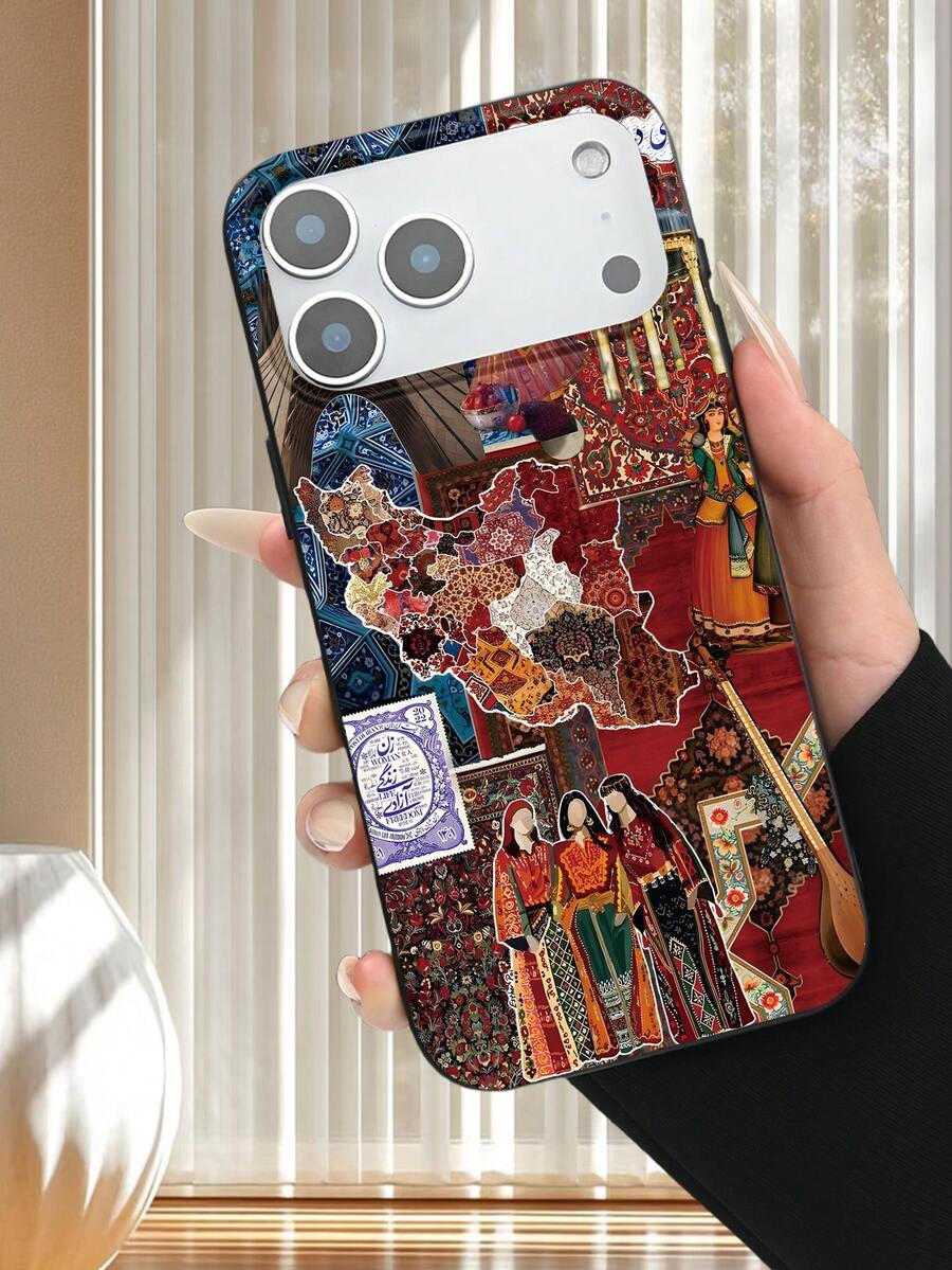 Map Persian Carpet Pattern Collage Art Phone Case, 2D Printed Phone Case With Popular Classic High-End Middle Eastern Tie Style, Suitable As Birthday, Holiday Gift For Friends, Family, Couples, Oneself, Black Matte Soft Protective Case Compatible With IPhone 17/16/15/14/13/12/11/Pro/ProMax/X/XR/XS/XSMAX/7/8/PLUS/Air/Se2/3 - Black - View 1