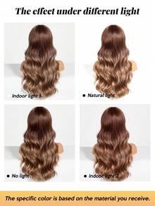 1 pieza Peluca de mujer con ondas y flequillo de color marrón, cabello sintético rizado de 26 pulgadas de largo, fibra resistente a altas temperaturas, gorro de red de rosa, para uso diario y de fiesta - Marrón - Ver 5