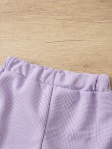 2pcs/Set Girls 3-7Y Sleeveless Top & Shorts Set, 3D Flower & Tassel Decor, Waffle Knit, Sweet Summer Outfit - Lilac Purple - View 9