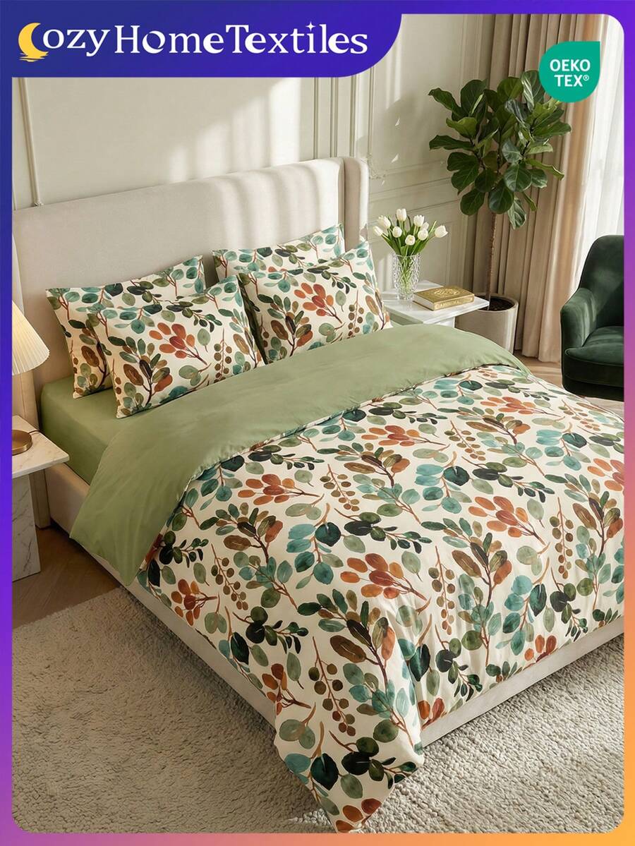 Bộ ga trải giường in số 2/3 món (1 ga trải giường + 1/2 vỏ gối, không kèm ruột gối), họa tiết lá xanh, bộ chăn ga gối thoáng khí, thoải mái, thân thiện với da, mềm mại, chống xù lông, phù hợp với giường đôi/giường cỡ Full/giường Queen/giường King, sử dụng được cả bốn mùa, màu xanh lá cây, đạt chứng nhận Oeko-Tex.