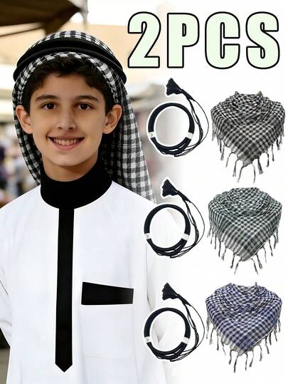 2件套儿童阿拉伯格子流苏头巾和阿拉伯头带，适合12-16岁儿童，阿拉伯战术围巾披肩，防晒，适合儿童和青少年，春夏款