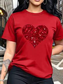 Women's Summer Heart Print Casual Simple Everyday Loose Round Neck Short Sleeve T-Shirt Top - Red - View 1
