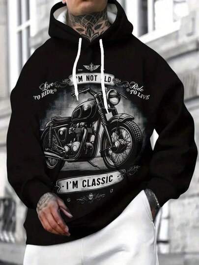 Sudadera de Hombre con Patrón de Motocicleta - Sudadera Retro de Bicicleta Negra, Estilo Casual de Ciclismo (Lavable a Máquina), Fácil Cuidado, Sudadera Clásica de Primavera y Otoño, Ropa Casual de Alta Calidad, Estilo Retro de Calle, Tela Duradera