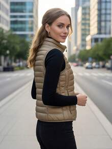 1 pieza Chaleco de algodón con cremallera de tela tejida de unicolor, para uso diario - Dorado - Ver 2