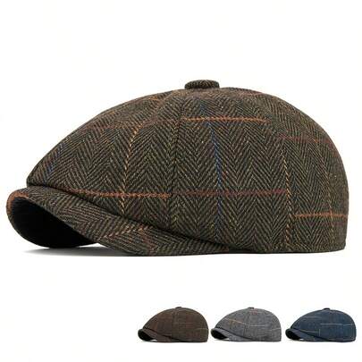 1pc Vintage Octagonal Hat, Warm Wool Felt Beret Cap, Casual Painter Newsboy Hat For Men, Autumn/Winter