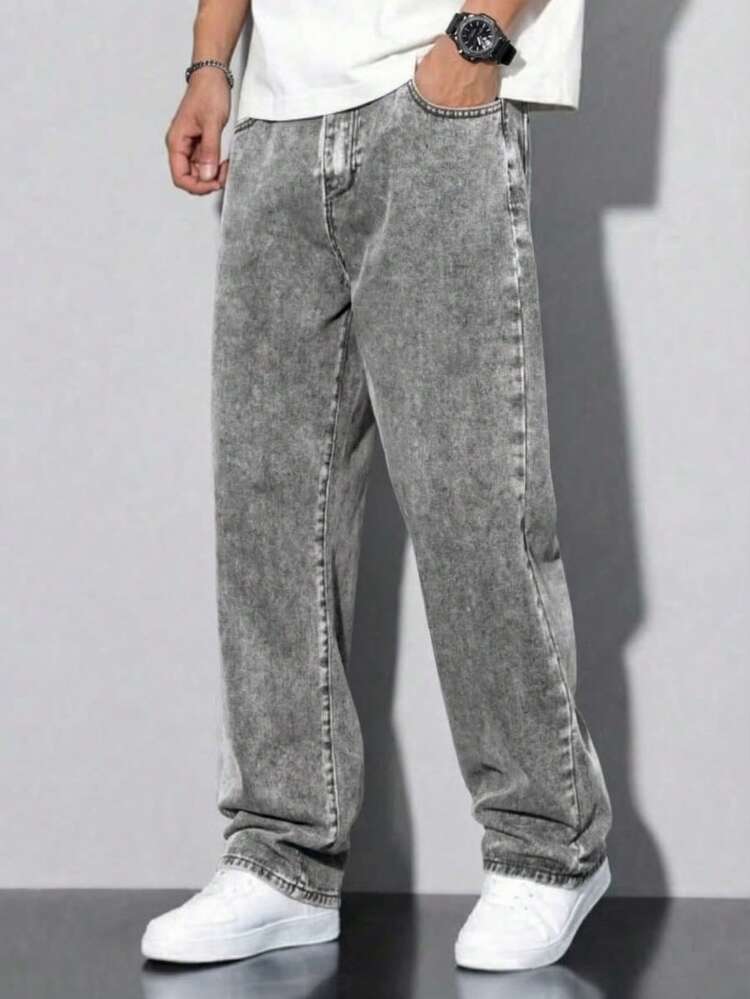 Calça Jeans Masculina Balão Reto Baggy Premium Streetwear Oversized Rapper Ganga Estilo Skatista Folgadas - cinza claro - Visão 1