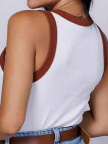 Women's Two-Tone Tank Top In Rib Knit Fabric – The Color Of The Year, Stylish For Carnival, Comfortable And Easy To Match, The Current Favorite. - White and Brown - View 2