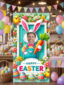 1pc Easter Theme Photography Backdrop - Colorful Rabbit Paper Cutting, Chicks, Easter Eggs, Floral And "Happy Easter" Printed Photography Backdrop, Joyful Cartoon Easter Holiday Style Polyester Photography Backdrop, Rectangular, With Rabbit Paper Cutting Design And Vibrant Pattern Details - Multicolor - View 2