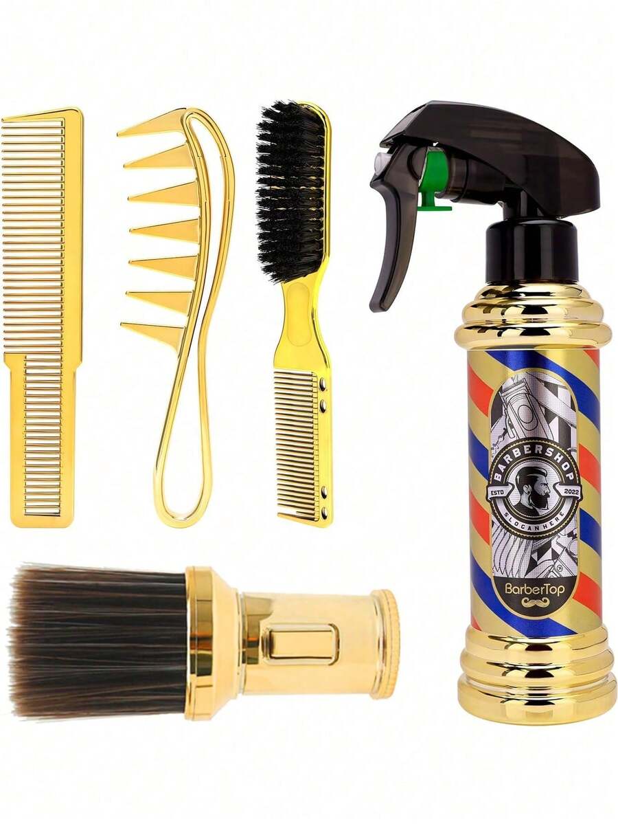 5pcs Hairdressing Tools Set Including 500ml Electroplating Retro Spray Bottle, Hairbrush, Beard Brush, Cutting Comb For Professional Salon,Hair Tools,Hair Products And Accessories For Barber Salon Beauty Travel Essentials - Multicolor - View 1