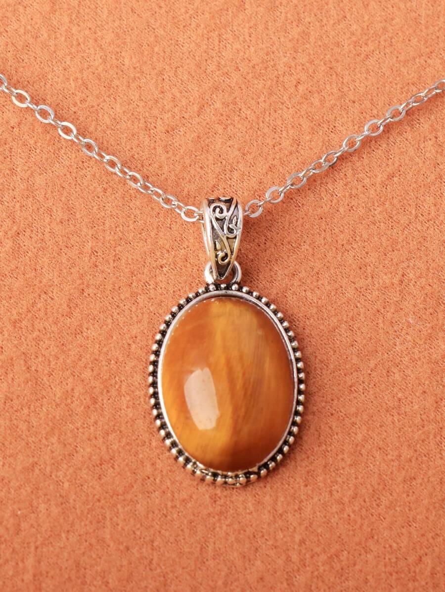 1 pieza Collar con colgante de piedra de ojo de tigre natural, diseño de pareja de moda - piedra ojo de tigre - Ver 1