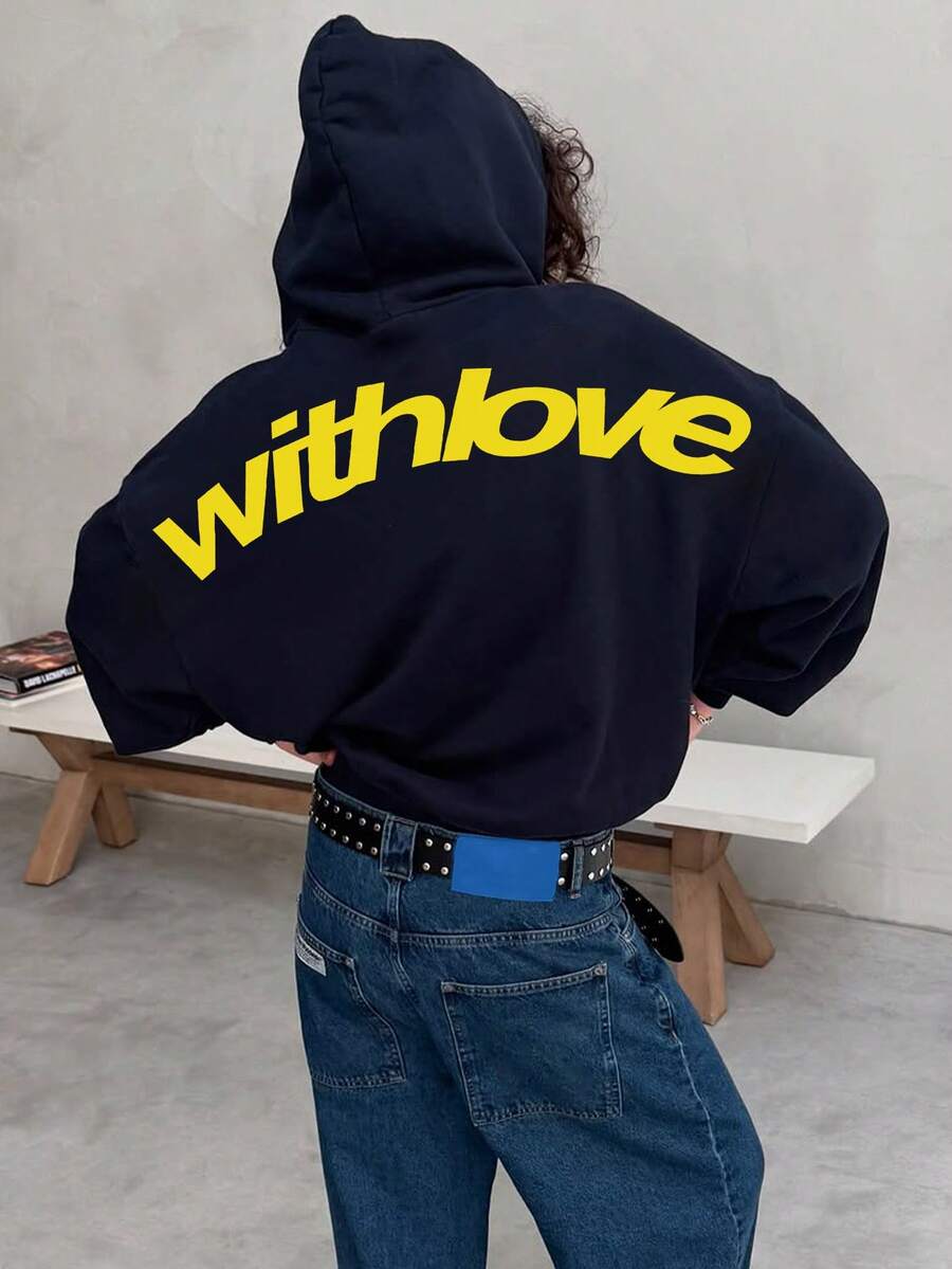 Y2K Style Cute Letter Print Pullover Sweatshirt For Women, Long Sleeve Pocket Casual Sweatshirt, 2026 Autumn New Arrival - Navy Blue - View 1