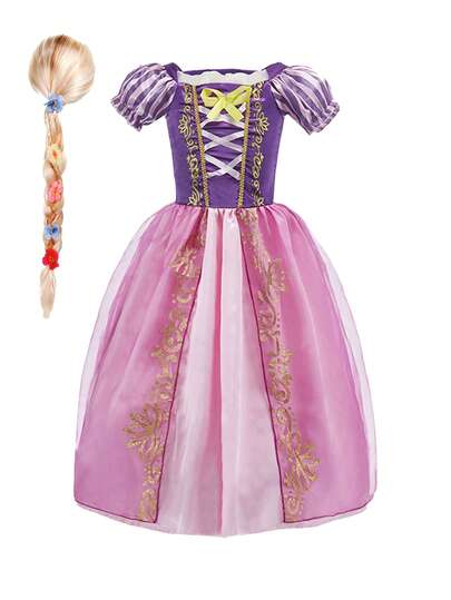 2件套女童紫色碎花薄纱连衣裙及假发套装，儿童角色扮演服装，适合圣诞节、狂欢节、舞台表演、派对等场合。