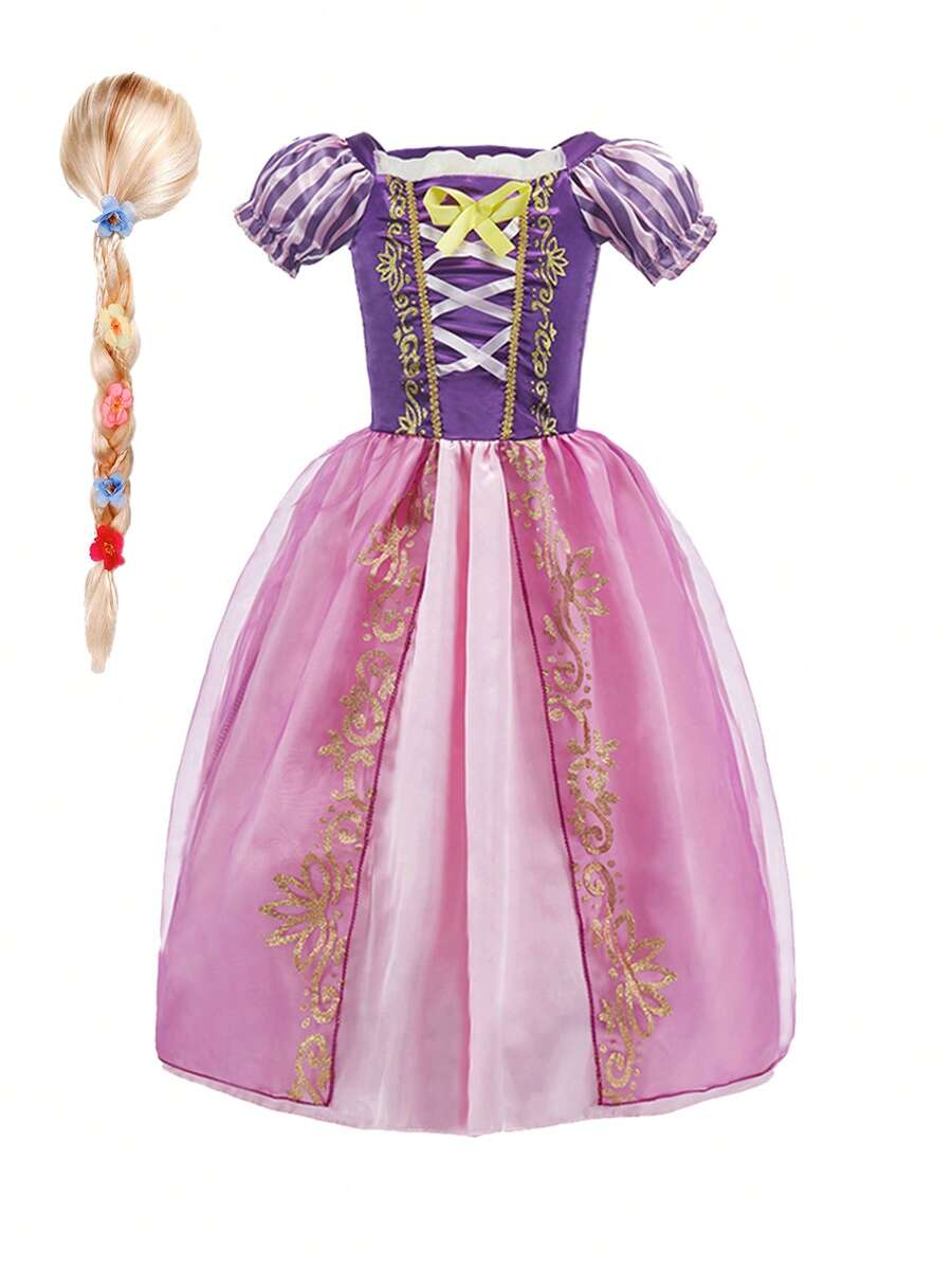 2 Stücke/Set Mädchen lila Blumenmuster Tüllkleid & Perücke Kostüm, Kinderkostüm zum Rollenspiel für Weihnachten, Karneval, Bühnenaufführung, Party - Violett - Übersicht 1