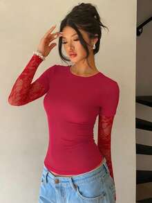 1件花卉印花拼接针织面料薄纱拼接上衣，女士T恤，适合日常休闲穿着 - 紅色 - 查看 2