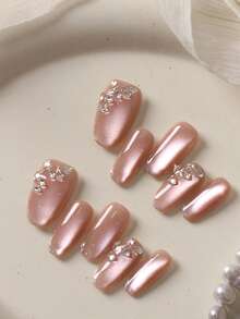 10pcs Press On Nails Short Acrylic Nail Kit Pink Nails Cat's Eye Explosive Flash Diamond Fake Nails Short Office DailyWear False Nails Artificial Nails Kit Includes 1sheet Adhesive Tabs &1 Pc Mini File - Multicolor - View 2
