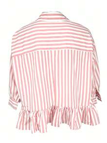 Women's Striped Shirt, Casual Vacation Front Button Loose Blouse, Spring/Summer - Pink - View 5