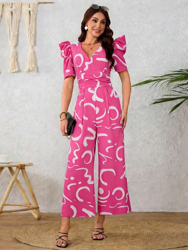 Elegante Mono De Pierna Ancha Escote En V Manga Abullonada Casual Para Mujer Con Estampado
