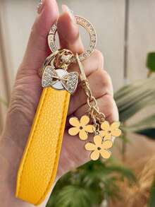 Crystal Bow Flower Keychain Pendant, Luxury Women's Car Key Accessory, Elegant PU Leather Fashion Keyring Gift - Keychain - View 15