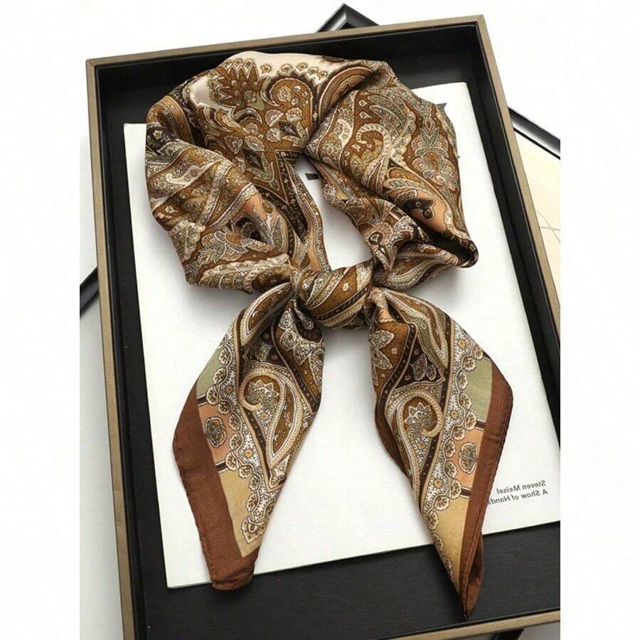1pc Bohemian Paisley Patterned 27.5" X 27.5" Silk Bandana Scarf, Fashionable Design, Suitable For Daily Wear - 棕色 - 查看 1