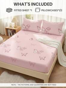 2/3pcs Printed Fitted Sheet Set (1 Sheet Set + 1/2 Pillowcases Without Insert), Pink Butterfly Print, Skin-Friendly Mattress Cover, Pattern Printed Mattress Protector, Comfortable And Soft, Breathable And Warm, Multi-Size, Suitable For Full/Twin/Double/Queen/King Bed, Machine Washable, Home Decoration, Room Decor, Bedroom Decor, Oeko-Tex Certified - Multicolor - View 2