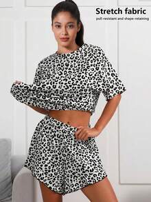 1 Set Women Loose Fit Leopard Print Pajama Set, Home Wear Suit For Spring/Summer - Black - View 3