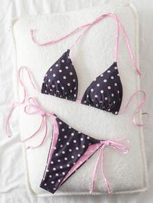 Polka Dot Print Backless Bikini Set, Sexy Beach Vacation Pink Summer - Pink - View 2
