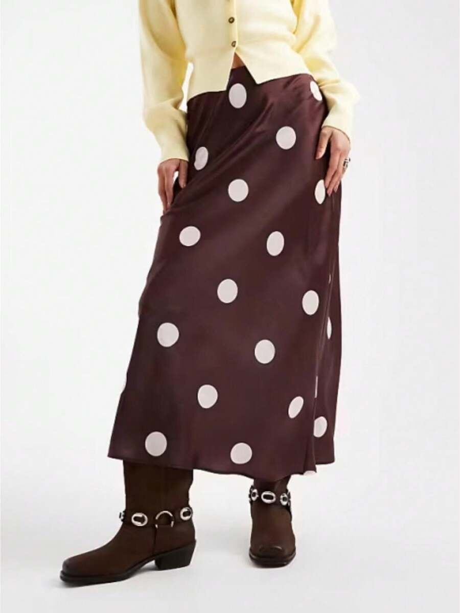 Women Satin Silk Maxi Skirt Silky Swing Ruffle Pleated Flared Skirts Elegant Half Slip Long A-Line Cocktail Skirt - 棕色 - 查看 1