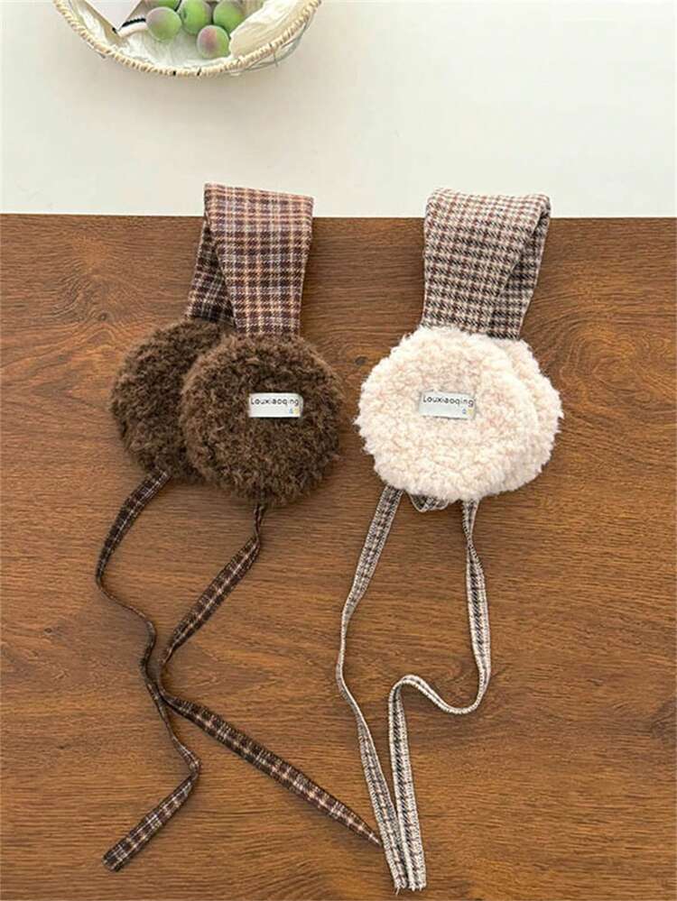 女士复古格子羊毛耳罩，加厚保暖耳罩，适合户外骑行，复古格子羊毛系带耳罩，女士冬季保暖耳罩 - 亮絲拼色條紋 - 查看 3
