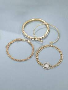 4pcs Set Of Punk Style Exaggerated Braided Rhinestone & Zirconia Bracelets