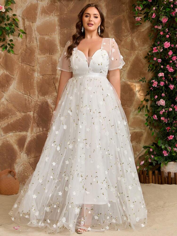 plus size floral embroidered wedding dress White Plus Size Wedding Dress With Flowers, Embroidery Floral Bridal Gown  With Long Sleeves, White Tulle Wedding Dress Long
