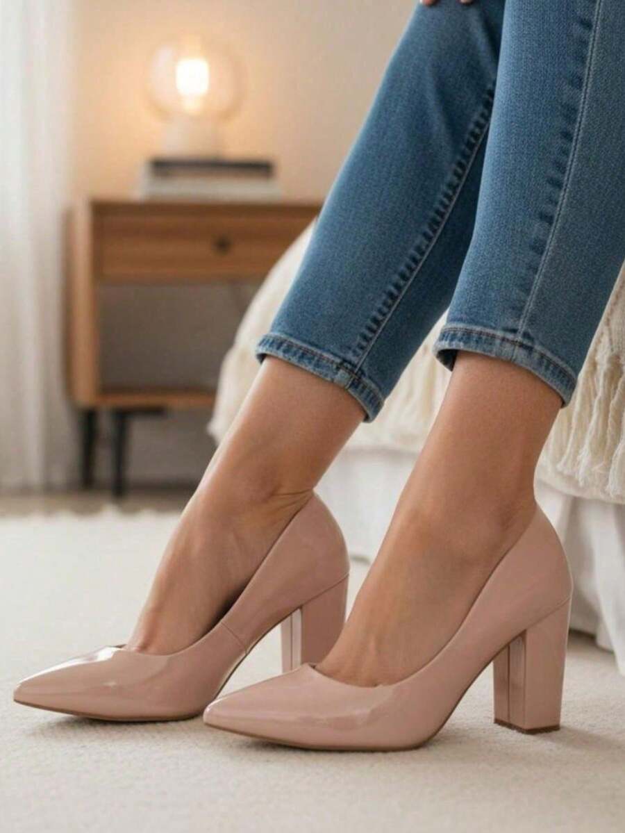 Women's Patent Leather High Block Heel Pump (9.5 Cm) Elegant And Comfortable Winter 2026 Black, Red, Nude, Pink, Blue, , Pink - Màu Hồng baby - Xem 1