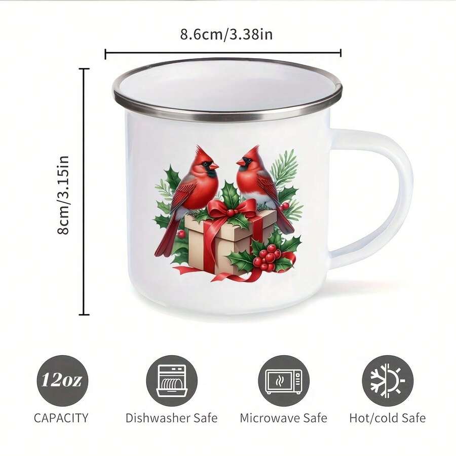 1个复古圣诞红雀珐琅马克杯 - 12盎司，饰有红雀、冬青树和礼物图案，经久耐用，适合咖啡/茶，居家、露营、野餐、旅行使用。 - 白色 - 查看 1