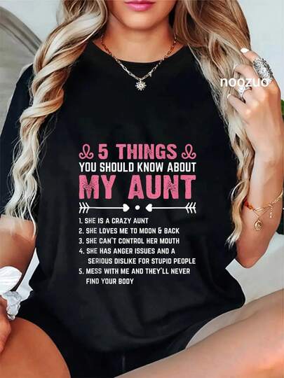 100% Cotton Unisex 5 Things You Should Know About My Auntie Funny Aunt T-Shirt Men's Women's Soft Crew Neck Tee Classic Fashion Summer Tops Printing Short Sleeve T-Shirt