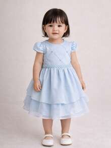 Vestido Bebezinha Festa Infantil Menina Criança Com Pérolas Lindo Bebê Luxo Criança Aniversário Casamento Moderno Rodado - Azul bebê - Visão 7