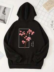 Floral Print Hooded Sweatshirt With A Drawstring And Thermal Lining. - Black - View 11