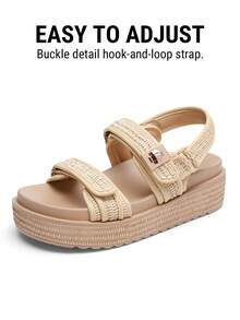 Women's Arch Support 1.61-Inch Platform Wedge Sandals Comfortable Open Toe Casual Dressy With Adjustable Straps PP Straw Shoe Upper For Beach Vocation Flat Summer Apricot Sandals - Màu be - Xem 7