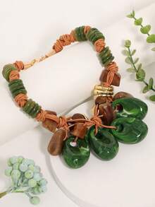 Retro Brown Rope Necklace, Contrasting Textured Stone Decor Minimalist Clavicle Chain, Lightweight Elegant Mori Style Necklace - Water Drop Pendant - View 13