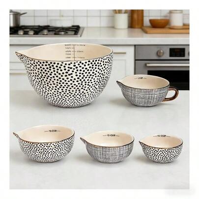 5-Piece Dot Pattern Ceramic Mixing & Measuring Bowl Set – US Baking & Kitchen Essential