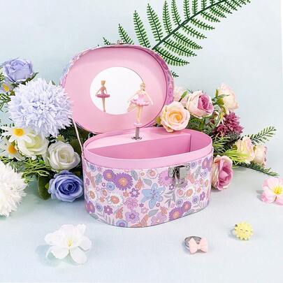 1pc Oval Purple Flower Music Box, Paper Craft Jewelry Box For Stationery, Toys, Bracelets, Necklaces, Oval Shape With Rotating Princess And Oval Mirror, Suitable For Valentine's Day, Birthday, Wedding, Daily Use