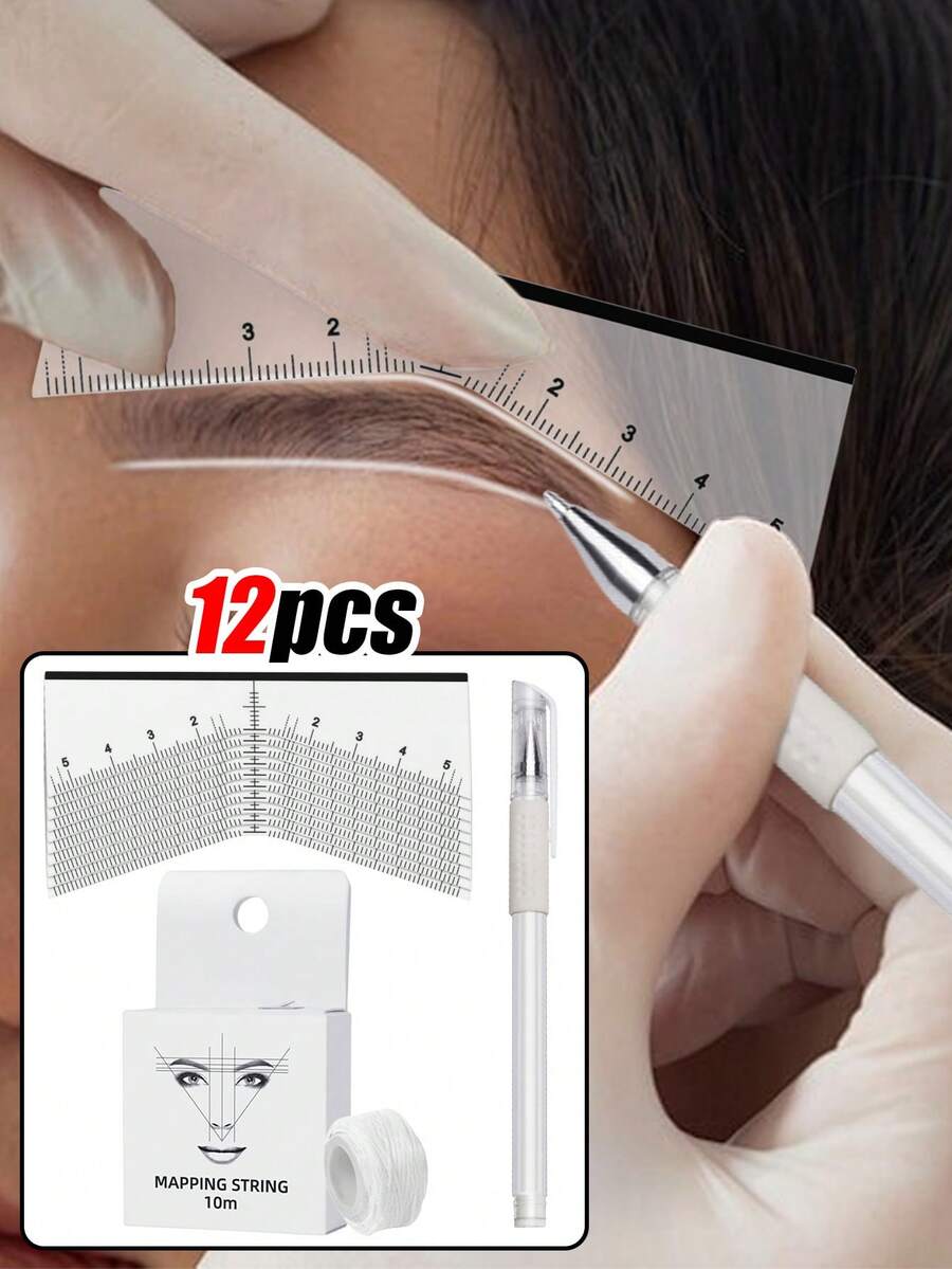 30/12件套白色眉毛工具套装，包含眉毛纹身模板、眉毛定位线、白色马克笔、眉形模板、一次性眉尺贴纸、设计定位辅助模板、化妆工具、纹身位置映射模板，适用于专业化妆和美容院、纹身用品、美容院必备品 | 易于使用的贴纸 | 低过敏性材料。10/1件，赠品、旅行、平价好物、旅行必备品
