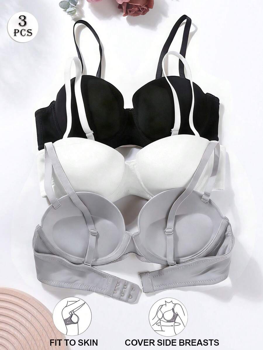 3件套女士纯色钢圈文胸，带可拆卸肩带（建议选大一码）