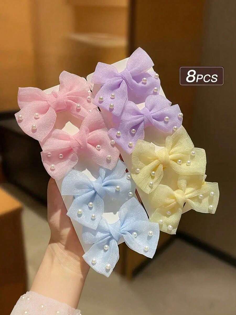 8 chiếc kẹp tóc nơ ngọc trai giả dễ thương, thích hợp để trang trí tóc hàng ngày. - Nhiều màu - Xem 1